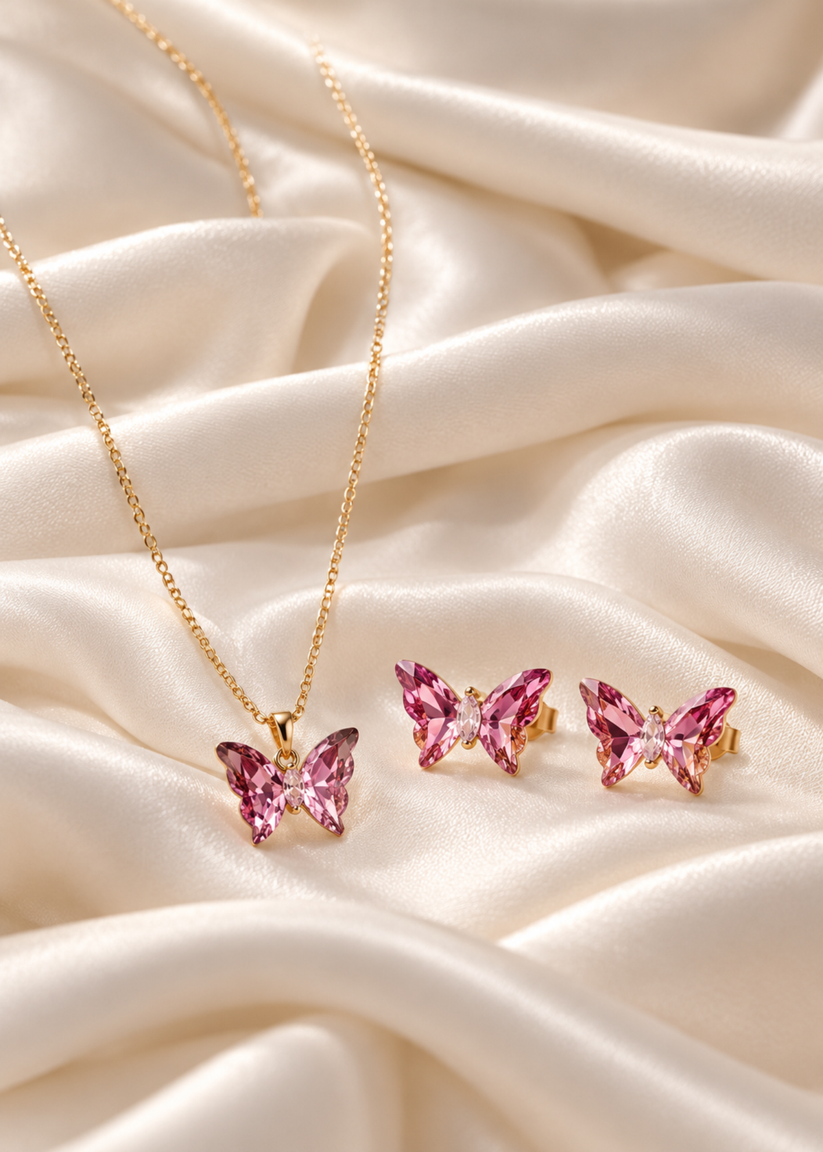Pink Crystal Butterfly Necklace and Earrings Set