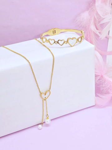 Adorniv Eternal Heart Gift Set - Heart Glow Bangle Bracelet+ Heart Pearl Drop Luxe Chain