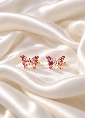 Pink Crystal Butterfly Necklace and Earrings Set