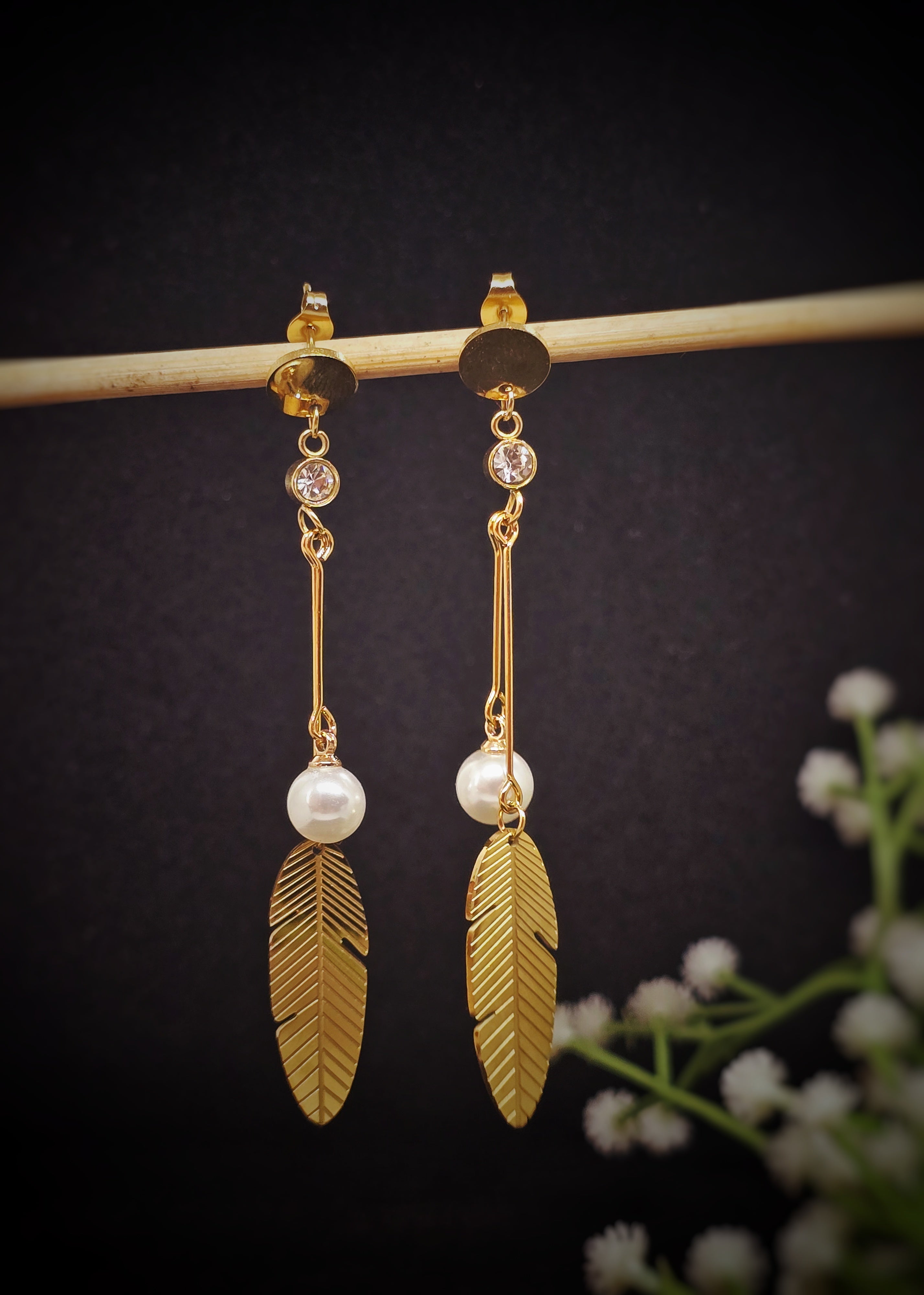 Adorniv Pearl Feather Drop Earrings