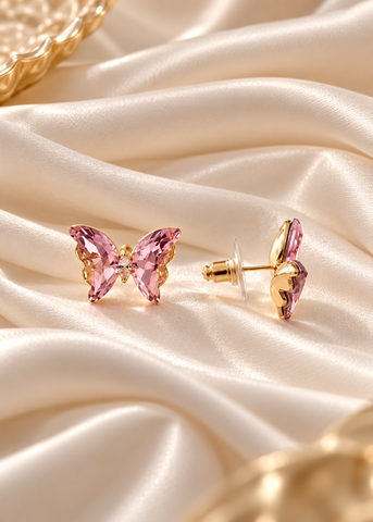 Pink Crystal Butterfly Necklace and Earrings Set