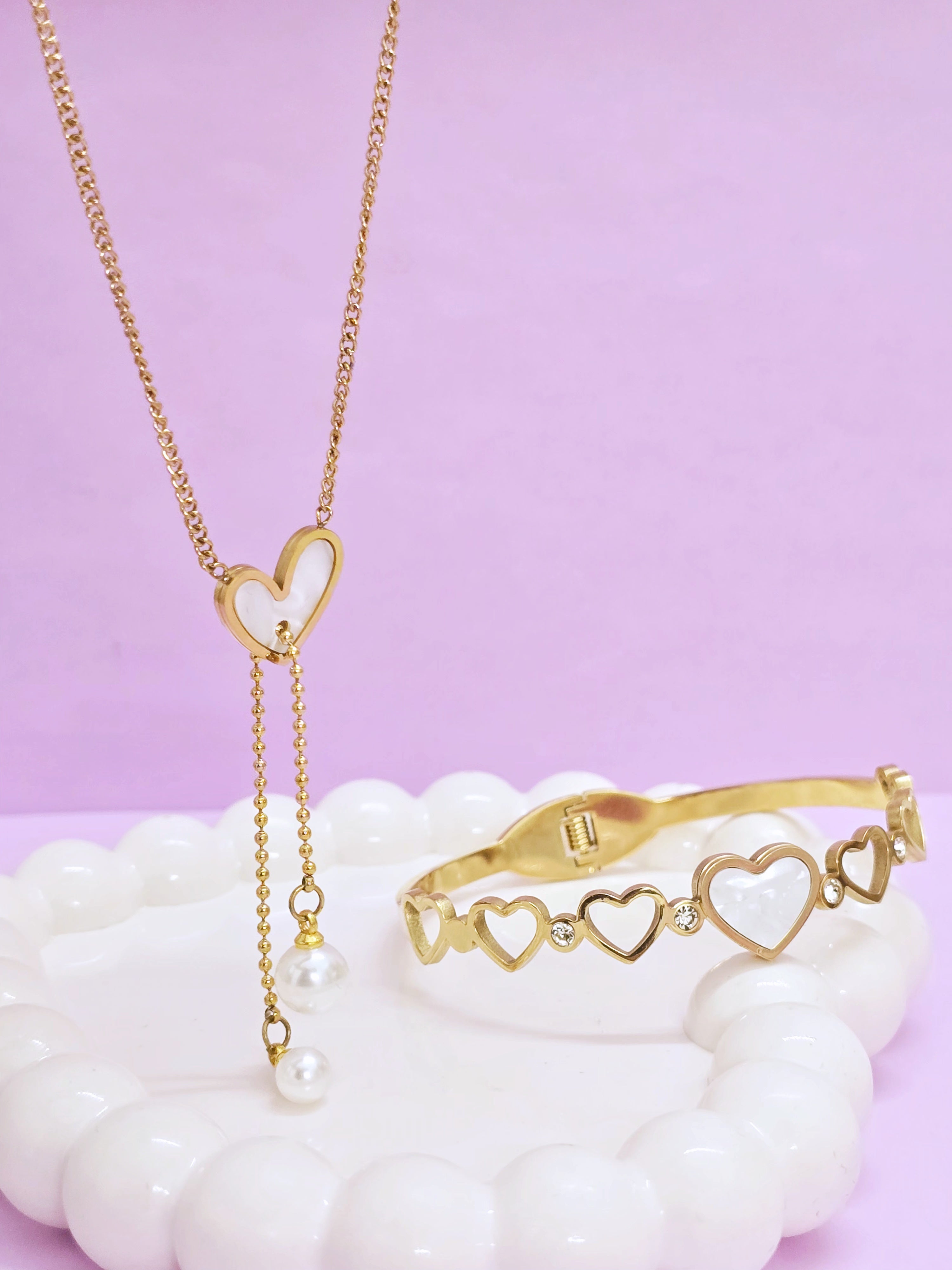 Adorniv Eternal Heart Gift Set - Heart Glow Bangle Bracelet+ Heart Pearl Drop Luxe Chain