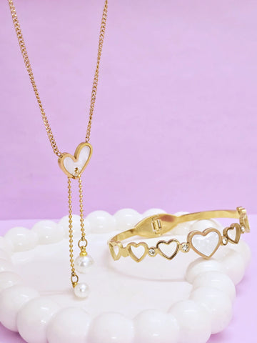 Adorniv Eternal Heart Gift Set - Heart Glow Bangle Bracelet+ Heart Pearl Drop Luxe Chain